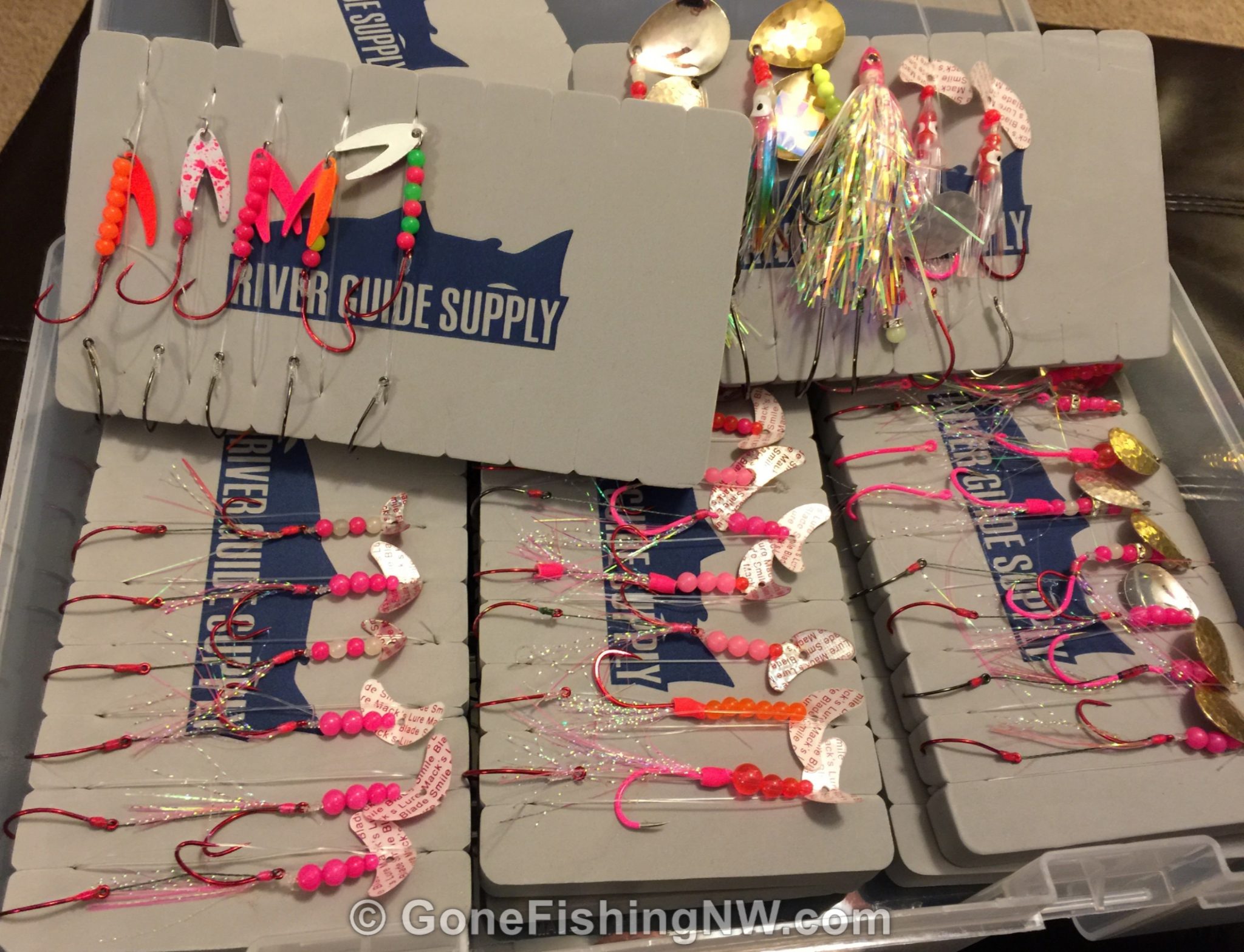 Many kokanee lures on foam leader boards in a box Gone Fishing Northwest